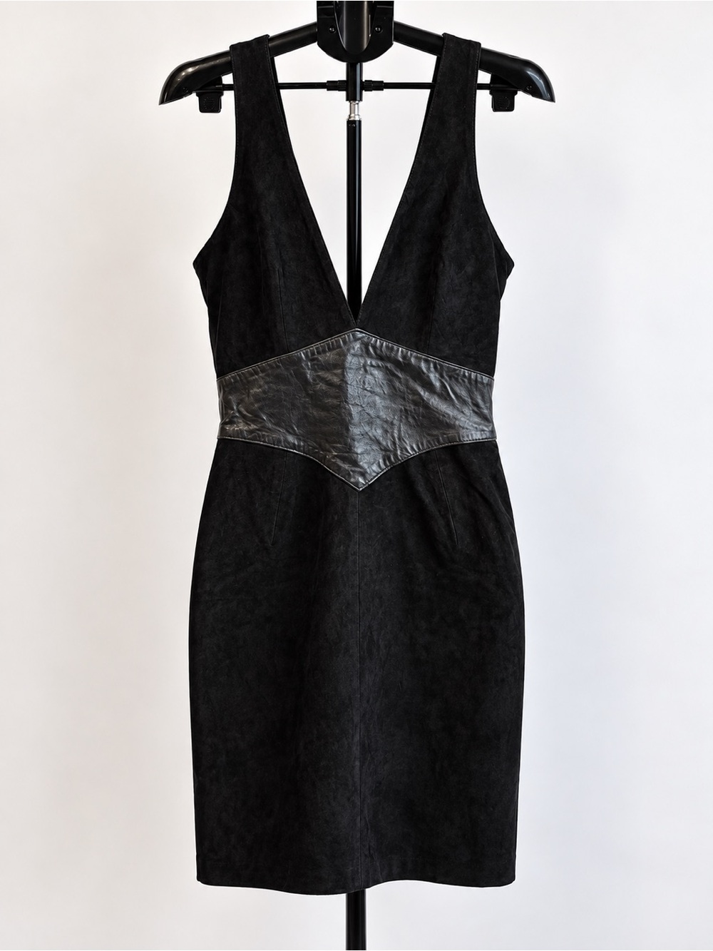Black Sleeveless Dress with Faux Leather Waist Detail